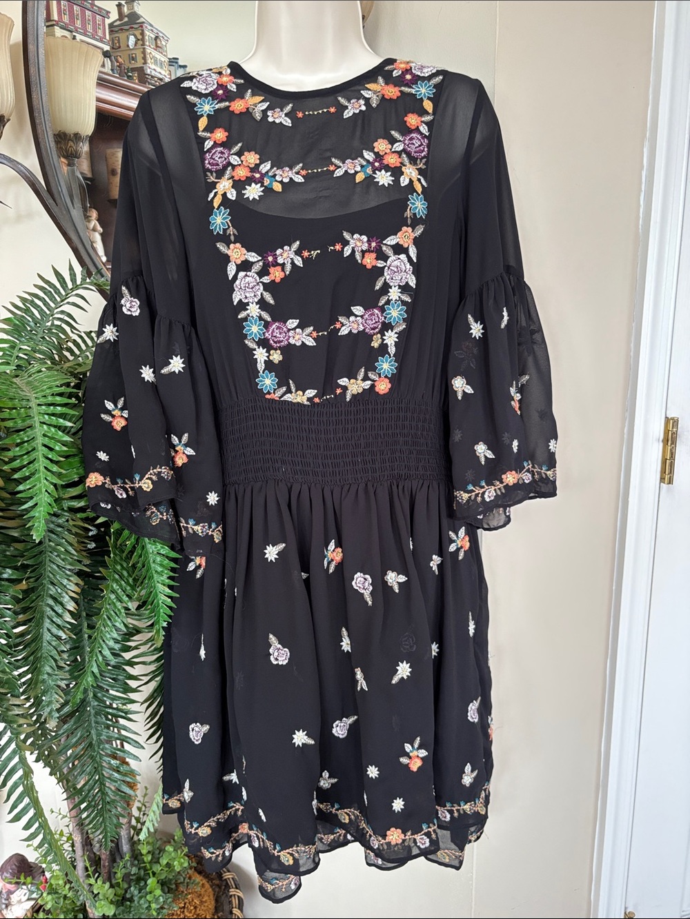 Maeve Anthropologie Black Floral Embroidered Layered Sheer Ruffle Mini Dress - Picture 15 of 15
